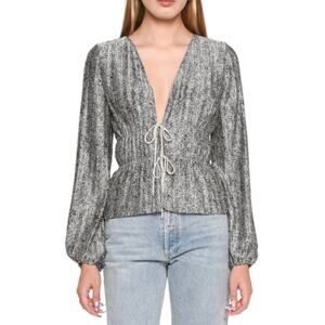 WAYF Payton Plunge Neck Rhinestone Tie Blouse Top Black White Animal Print Small